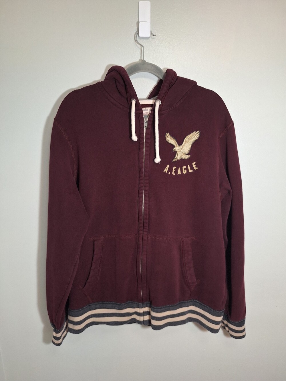 American Eagle Maroon Vintage Fit Full Zip Up Hoodie Pockets Logo Mens XL Skater